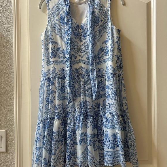 Calvin Klein blue and white drop waist tiered dress. Delft blue. Halter with tie - Picture 8 of 14